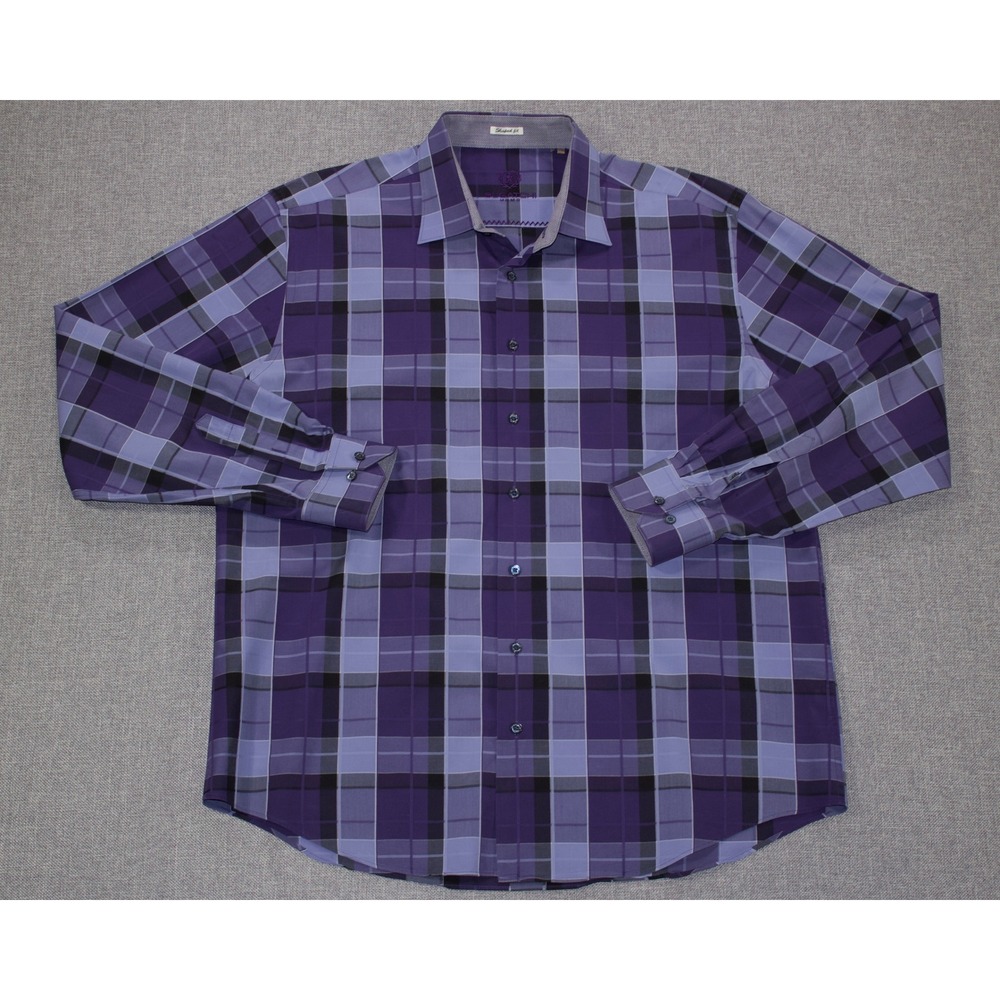Bugatchi Button Down Shirt Shaped Fit Mens XL Purple Plaid Cotton Long Sleeve